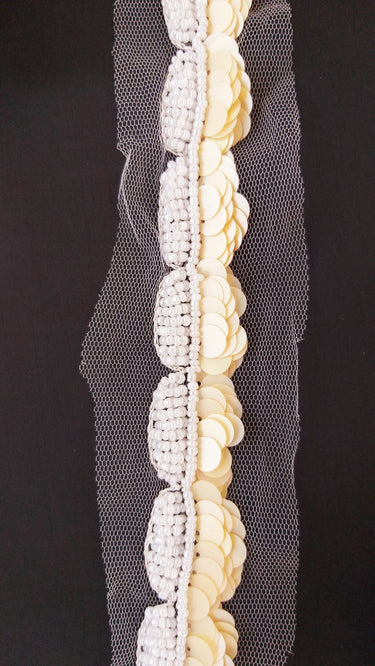 White Net Lace With Beige Sequins and Off White Beads, Scallop Trim, Exclusive Laces